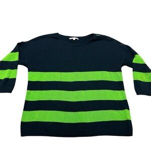 Gap Striped Knit Sweater 100% Cotton Size Small Navy Chartreuse 3/4 Sleeve